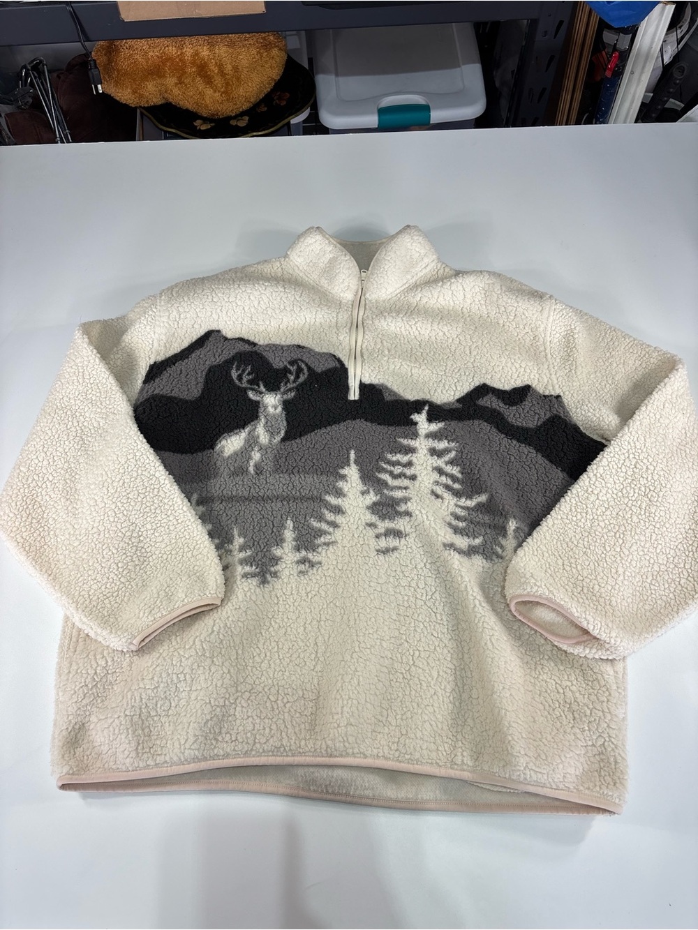 Old Navy  XXL Sherpa Fleece Quarter Zip Pullover Mountain Deer Scene Cream
